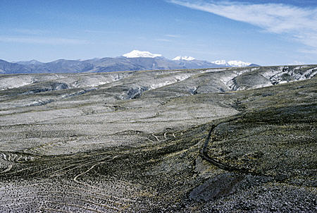 Nevada Ampato (6,288m), over pre-Incan agricultural water collector system, seen from Chivay Road. Peru.