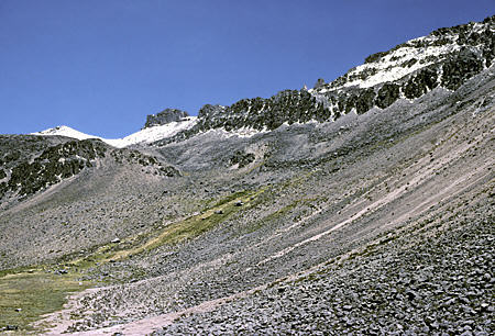 Chacura Volcanic Crater through which Chivay Road runs. Peru.