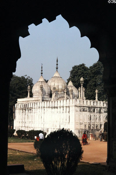Looking through an arch at one of palace buildings in Red Fort. Delhi, India.