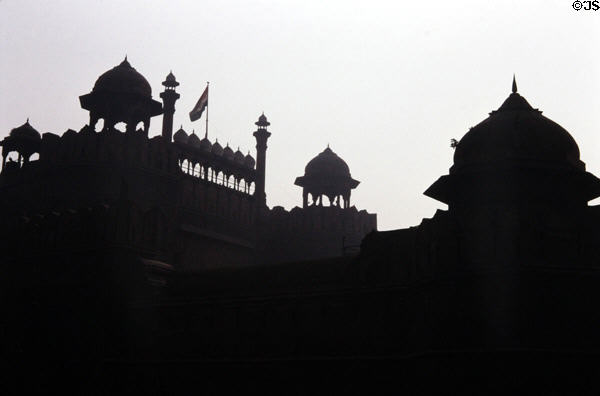 Turrets & flag of Red Fort. Delhi, India.