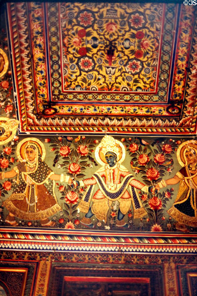 Ornately painted & gold leafed ceiling of a haveli in traditional style. Mandawa, India.