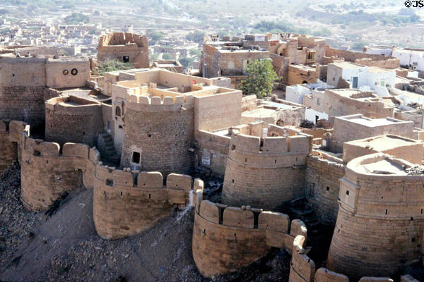Turreted walls of fort as seen from palace in Jaiselmer. India.