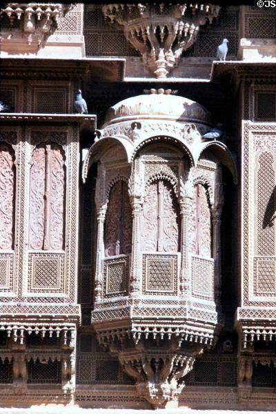 A set of shuttered windows in Patwan Ki haveli in Jaiselmer. India.