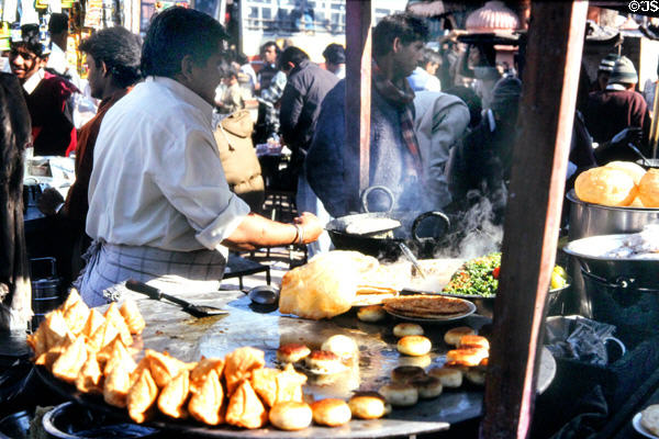 Food being prepared on a Jaipur street stand. India.