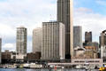 Skyline above Sydney Ferry docks. Sydney, Australia.