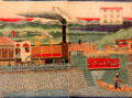 Steam Engine passing Mt. Fuji ukiyo-e woodblock print by Utagawa Hiroshige III at Art Gallery of Greater Victoria. Victoria, BC.