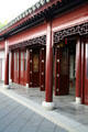 Red building front in gardens of Dr. Sun Yat-Sen Chinese Garden. Vancouver, BC.