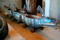 Row of wheeled vessels by Northwest Coast native artists at Museum of Anthropology at UBC. Vancouver, BC.