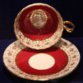 Porcelain cup & saucer with image of Queen Elizabeth to commemorate opening of St Lawrence Seaway by Aynsley China of Stoke-on-Trent at Royal Ontario Museum. Toronto, ON.