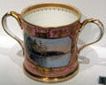 Porcelain loving cup with Canadian lake sold by Glover Harrison by Minton of Longton, Staffordshire, England at Royal Ontario Museum. Toronto, ON.