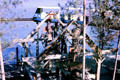 Minirail passes abstract sculpture at Expo 67. Montreal, QC.