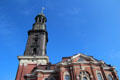 St Michael's Church copper clad spire whose height is prominent in Hamburg's skyline & a landmark for ships sailing up the Elbe River. Hamburg, Germany.