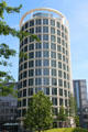 Oval-shaped Coffee Plaza building in HafenCity. Hamburg, Germany.