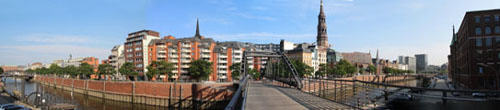 Panorama around Kibbelsteg brücke over Zollkanal with St Catherine's Church tower. Hamburg, Germany.