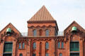 Brickwork details of heritage warehouse on Brooktorkai. Hamburg, Germany.