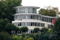 Modern building with round observation floors overlooking Elbe River. Hamburg, Germany