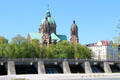 St Lukas Lutheran church on banks of Isar River. Munich, Germany.