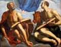 Evangelists Mark with lion & Luke with bull detail on Maria & Child painting by Tintoretto at Berlin Gemaldegalerie. Berlin, Germany.