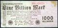 Inflation era German banknote for one trillion Marks at German Historical Museum. Berlin, Germany.