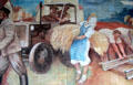 Tractor & wheat harvest detail of Building the Republic socialist mural by Max Lingner at Detlev Rohwedder. Berlin, Germany.