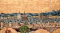 Medieval Köln in background of painting of saints by Meister der Verherrlichung Mariae at Wallraf-Richartz Museum. Köln, Germany.