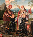 Triptych left wing with male worshippers of Death of Mary painting by Joos van Cleve, Antwerp at Wallraf-Richartz Museum. Köln, Germany.