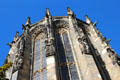 Stained glass windows with tracery & carvings on Aachen Cathedral. Aachen, Germany.