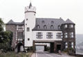 Gondorf Castle perched over roadway along Mosel River. Kobern-Gondorf, Germany.