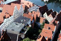 Roofline within historic but rebuilt core of Lübeck from on St Peter's Church. Lübeck, Germany.