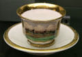 Cup painted with view of Rostock at Cultural History Museum. Rostock, Germany.
