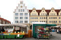 Rostock market square with postwar rebuilt heritage buildings beyond. Rostock, Germany.