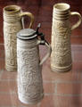 White embossed stoneware jugs at Schleswig Holstein State Museum. Schleswig, Germany.