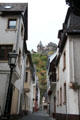 Narrow street with Burg Stahleck above. Bacharach, Germany.