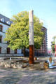 Water Clock Fountain with animal sculptures by Karl Jakob Schwalbach beside the Red Tower. Trier, Germany.