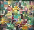 Landscape with Yellow Church Tower painting by Paul Klee at Pinakothek der Moderne. Munich, Germany.