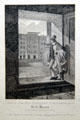 Steel engraving of Getreidegasse 9 Salzburg , birth house of Wolfgang Amadeus Mozart, by Jakob Hyrtl at Mozarthaus Museum. Augsburg, Germany.