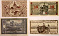Banknotes with view of Bamberg old city hall with inflation values from 5 Marks to 100 billion Marks at Bamberg City Museum. Bamberg, Germany.
