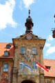 Bamberg Old Town Hall clock tower with Rococo balcony & coat of arms relief by Jos. Bonaventura Mutschele. Bamberg, Germany.