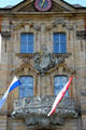 Rococo balcony & coat of arms relief on Bamberg Old Town Hall tower by Jos. Bonaventura Mutschele. Bamberg, Germany.