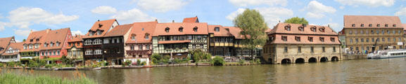 Panorama of Little Venice shore of Regnitz River. Bamberg, Germany.