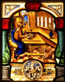 Evangelist Luke with bull attribute stained glass scene prob. Nuremberg at Coburg Castle. Coburg, Germany.