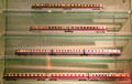 Models of high-speed passenger trains of 1930s - from top Der Fliegende Hamburger, Hamburg, Leipzig, & Köln at Nuremberg Transport Museum. Nuremberg, Germany.