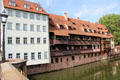 Buildings at Max Bridge over Pegnitz River. Nuremberg, Germany.