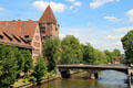 Heubrücke with square tower beside Pegnitz River. Nuremberg, Germany.