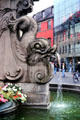 Detail of serpent spitting water on fountain in front of Rathaus. Würzburg, Germany.