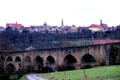 Town overview taken from Doppelbrucke crossing Tauber River. Rothenburg ob der Tauber, Germany.