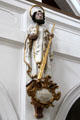 Statue of St James Minor, Apostle, holding one of his attributes, a fuller's club, with which he was martyred at St Aegidius parish church. Gmund am Tegernsee, Germany