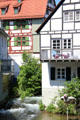 Half timbered homes on Blau River with sparrow, symbol of Ulm, in foreground. Ulm, Germany.
