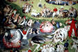 Garden of Delights detail of birds & pleasures by Hieronymus Bosch in Prado Museum. Madrid, Spain.