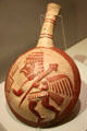 Moche ceramic corn toaster with the relief of warrior from Peru at Museum of America. Madrid, Spain.